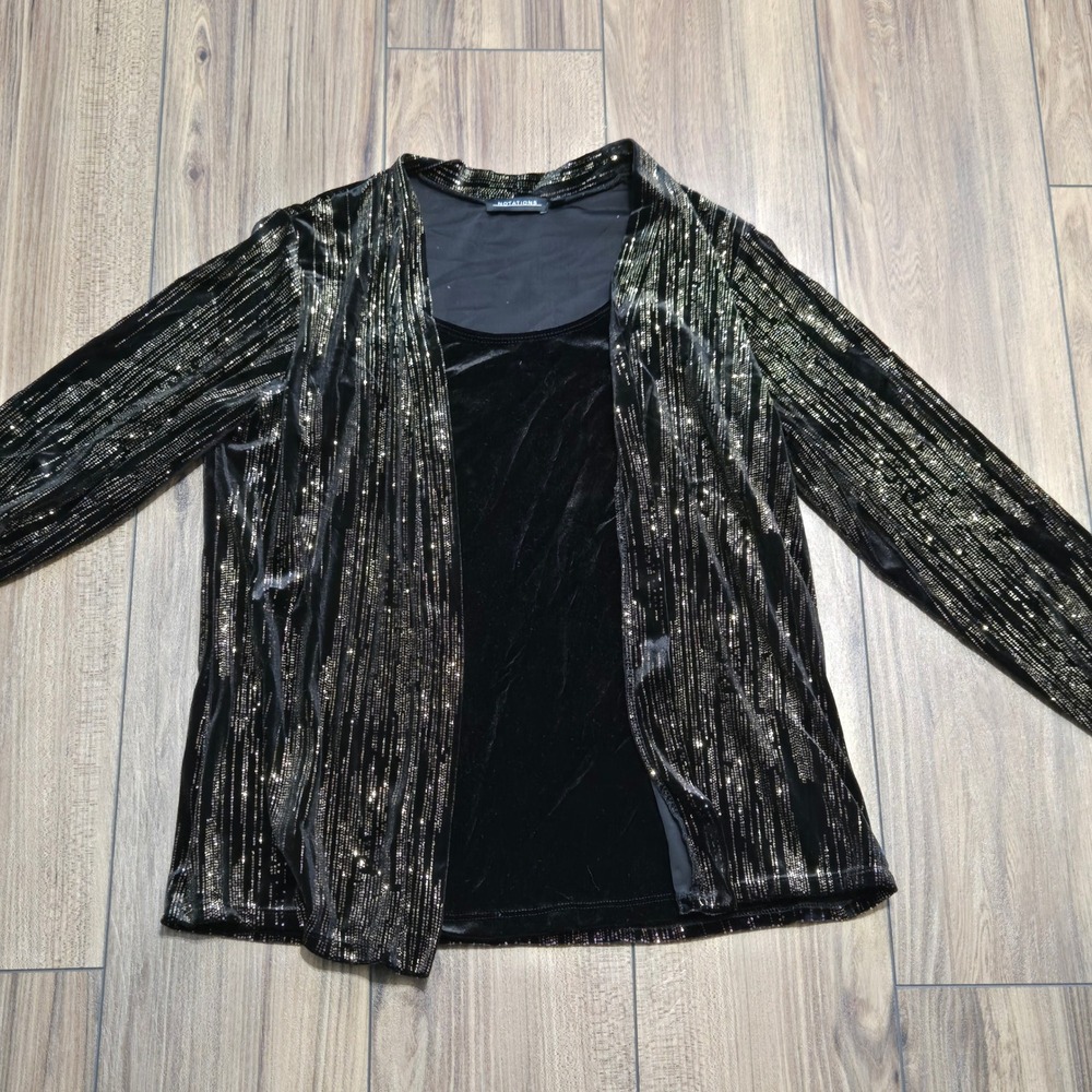 Notations Womens Black Gold Metallic Glitter Velvet Striped Cardigan‎ Top Set M